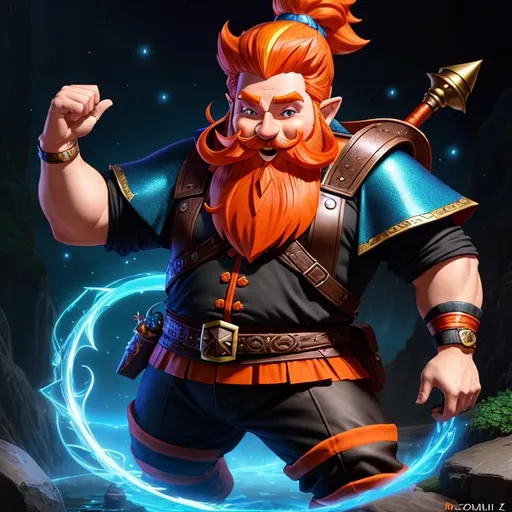 Prompt: male gnome, dnd character, sorcerer, flamboyant outfit, excited laugh, dancing a jig, extra large long nose, extra big eyes, wide well groomed handlebar mustache, orange hair with red highlights, orange facial hair, oil painting, fantasy,  UHD, hd , 8k, , hyper realism, Very detailed, zoomed out view of character, panned out view, full character visible, is wearing medieval attire, character art,