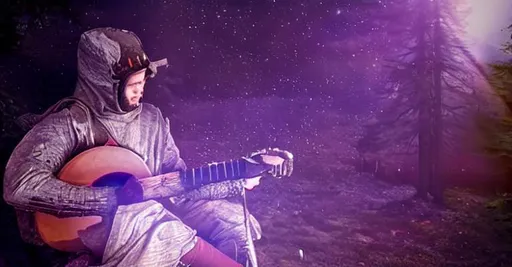 Prompt: medieval campfire night knight playing the lute while sitting down by the campfire
forest dark 
cinematic 
midnights
in space
cosmos
real
with a few trees 