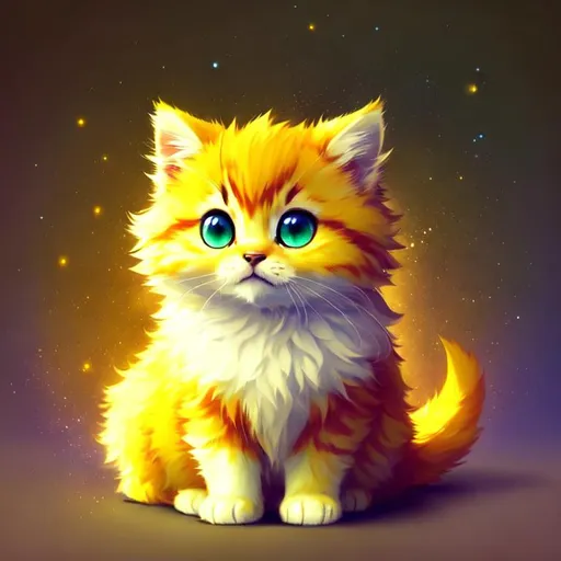 Prompt: Cute, yellow, fluffy, fantasy light kitten, with lighting, yellow eyes, yellow fur, and possessing the element of space and making circles of lighting stripes
 move around in the air in a magical way, in a space background. Perfect features, extremely detailed, realistic. Krenz Cushart + loish +gaston bussiere +craig mullins, j. c. leyendecker +Artgerm.