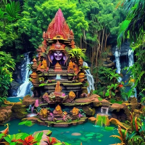 Prompt: Jungle Shakti Shiva Temple with water and waterfalls colorful plants