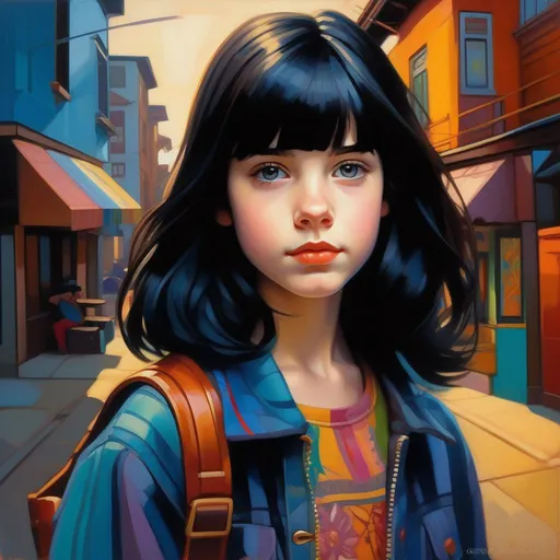 Prompt: Facial portrait of a 12 years old girl, pale skin, black hair, bangs, dark brown eyes, colorful clothes, urban setting, stylized font, cartoony style, extremely detailed painting by Greg Rutkowski and by Henry Justice Ford and by Steve Henderson
