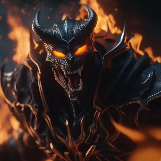 Prompt: a death knight with a Venom mouth (Venom movie), with horns on his forehead, orange fire eyes, Laughing, Hyperrealistic, sharp focus, Professional, UHD, HDR, 8K, Render, electronic, dramatic, vivid, pressure, stress, nervous vibe, loud, tension, traumatic, dark, cataclysmic, violent, fighting, Epic