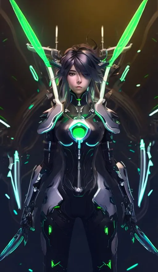 Prompt: female, long silver and green glowing hair, wearing black gloves, green and black scifi armor, ULTRAKILL Xenoblade 2 , conceptart , scifi sword, mechanical halo