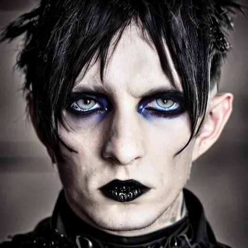 Prompt: man with short hair, upturned nose, pretty face, blue eyes, gothic style clothes(in hd)