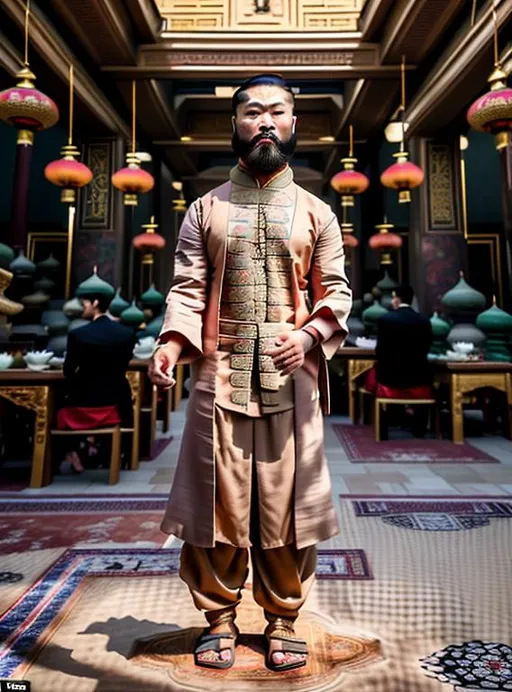 Prompt: A captivating image emerges - a bearded Asian man donning a unique fusion of Eastern and Western attire. His long necktie adds a touch of formality, while his overcoat robe makes his outfit look like a business suit. He radiates strength, resembling a terra cotta warrior. The scene is set amidst the backdrop of domed buildings, evoking a realistic and picturesque landscape. The photograph captures the essence of this intriguing blend, inviting viewers to delve deeper into the fusion of cultures.