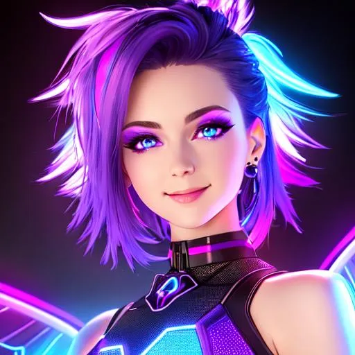 Prompt: 4K, 16K, picture quality, high quality, highly detailed, hyper-realism, cute skinny female standing, full front, mecha wings, blue anime eyes, choker, smirking smile, blue, purple, cyberpunk style, neon lights, short purple hair with blue highlights, party, lights, spotlights, stage light, neon city background cyberpunk style female