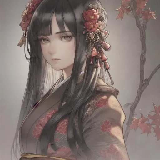 Prompt: masterpiece, illustration, best quality:1.2), 1girl, solo, black hair, dignfied , foggy grey eyes, finely detailed, detailed face, toned face, beautiful detailed eyes, beautiful detailed shading, beautifully detailed background, fallen leaf, autumn, red kimono, flower hair ornament