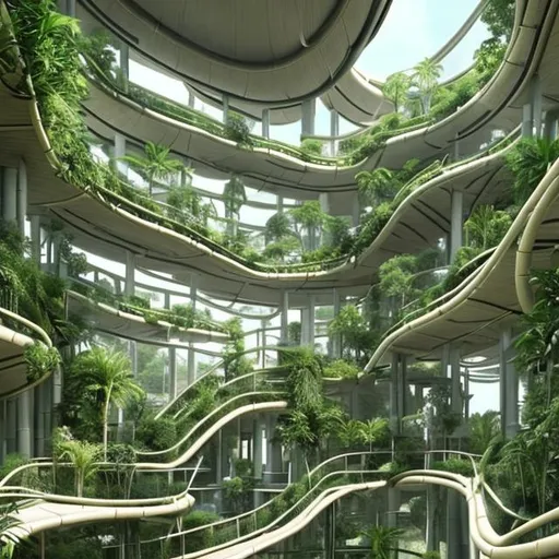 Prompt: futuristic bamboo architecture interior with hanging apartments underneath with green vegetation, biophilic design futuristic curvy modular