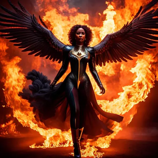 Prompt: Photo of black female human Phoenix rising up out  of the ashes, cinematic lighting, movie poster