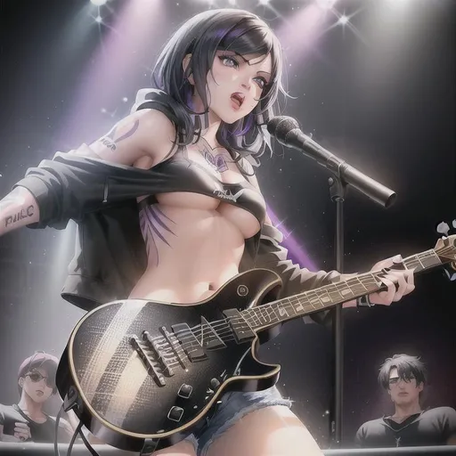 Prompt: 1 girl,

scenic of ultra realistic oil painting of Kat Von D in black hoodie emo top, wearing denim shorts, playing a black electric guitar, beautiful face, beautiful blue eyes, beautiful detailed nose, highly detailed beautiful gloss lips, short black hair with purple highlights, tattoos

in a bar, singing, silhouettes of band mates in background

short black hair with purple highlights, screaming, natural light, sunshine, studio lighting, beautiful shading, vintage, cozy,

masterpiece, intricate highly fluid gouache illustration drip, volumetric lighting maximalist photo illustration 4k, resolution high res intricately detailed complex, soft focus, digital painting, digital art, clean art, elegant, professional, colorful, rich deep color concept art, CGI winning award, highly realistic, UHD, HDR, 8K, RPG, inspired by wlop, Painting By Olga Shvartsur, UHD render, HDR render, 3D render cinema 4D