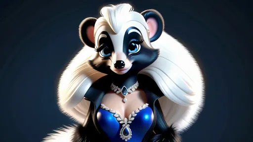 Prompt: concept art, anthropomorphic female skunk with black fur and white stripe on her back and wearing an evening gown with elaborately detailed designs and a detailed ornamental necklace standing in an 'A' type pose, cute skunk face, skunk head, animalistic, sparkling deep blue human eyes, long thick luxurious eye lashes, thin face, long white hair with curly waves, curvy feminine physique, black fur on torso and chest, long bushy tail, not human, 8k, full body detailed, wide angle shot, hyper detailed, photo realistic, professional, GFP-GAN