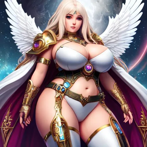 Prompt: Science fiction, fantasy, Clear, high resolution, 8k, full body, angelic noble female with extremely fat thighs, smirk, bloody, sadistic, detailed, intricate, futuristic, colourful, clear eyes. Crisp image, extremely detailed. Hyper realistic.