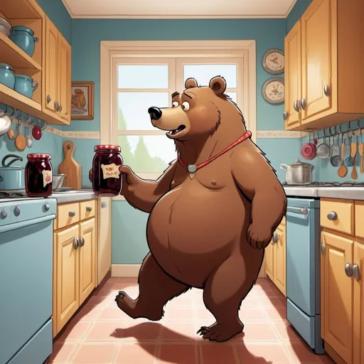 Prompt: A bear drawed disney comic style, in a kitchen, trying to reach a jar of jam on the cupboard. The bear has a long neck, a big belly, has lazy dumb looking face.