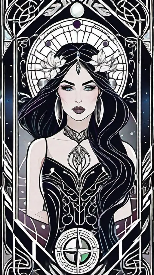 Prompt: tarot card style + intricate border + young goddess portrait, detailed sci-fi illustration, pentagram + intricate Celtic illustration + 