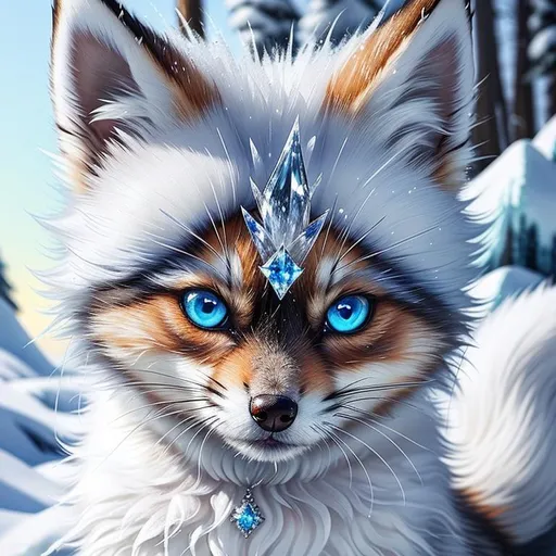 Prompt: (masterpiece, professional oil painting, epic digital art, best quality:1.5), insanely beautiful tiny silver ((fox kit)), (canine quadruped), ice elemental, silky silver-blue fur covered in frost, timid, ((insanely detailed alert crystal blue eyes, sharp focus eyes)), gorgeous 8k eyes, fluffy silver neck ruff covered in frost, two tails, (plump), fluffy chest, enchanted, magical, finely detailed fur, hyper detailed fur, (soft silky insanely detailed fur), presenting magical jewel, moonlight beaming through clouds, lying in frosted meadow, grassy field covered in frost, cool colors, professional, symmetric, golden ratio, unreal engine, depth, volumetric lighting, rich oil medium, (brilliant auroras), (ice storm), full body focus, beautifully detailed background, cinematic, 64K, UHD, intricate detail, high quality, high detail, masterpiece, intricate facial detail, high quality, detailed face, intricate quality, intricate eye detail, highly detailed, high resolution scan, intricate detailed, highly detailed face, very detailed, high resolution