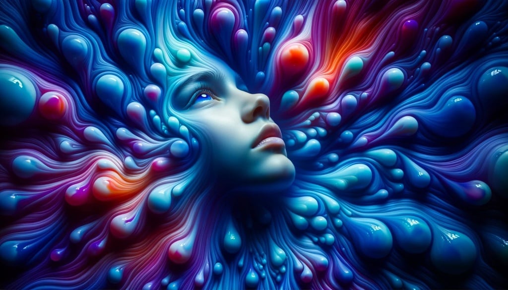 Prompt: Wide photo of a young girl's face, colored in shades of blue, gracefully emerging from the vibrant swirls reminiscent of a lava lamp, with hues of purple, blue, and orange.