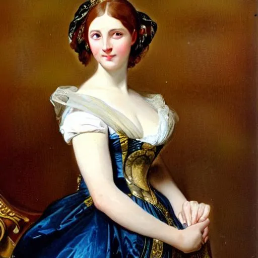 Prompt: a beautiful portrait of a young and beautiful noblewoman, redhead with dark blue eyes, art by franz xaver winterhalter, highly detailed, elegant, romanticism, neoclassicism, 1 8 5 0 s style painting, oil on canvas, vivid