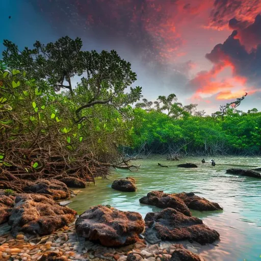 Prompt: Dawn over a lush mangrove shoreline with rocks, sand, corals, birds, fishes, crabs, and wildlife in oil