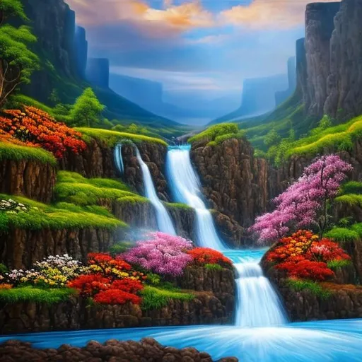 Prompt: Oil painting of Waterfall coming out of a mountain with flowers on both sides of the river. Aspect ratio 5:3