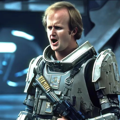 Prompt: A 28 year old Peter Davison shouting angrily wearing an armored futuristic scifi military uniform and holding an advanced exotic shotgun