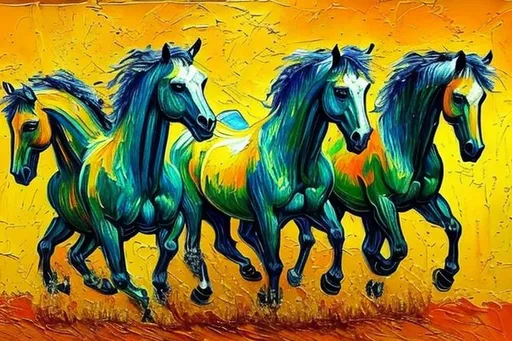 Prompt: Orange horses running painted like Van Gogh