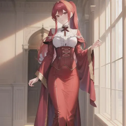 Prompt: (masterpiece, illustration, best quality:1.2), girl, full body, solo, pale skin, toned body, stray hairs, calm demeanor, vibrant red eyes, vibrant red hair, bright Long red hair, red hair, long pony tail, long side fringe, beautiful white hair tips, wearing a beautifully attractive Victorian noble robe , finely detailed,  detailed face, toned face, beautiful detailed eyes, beautifully detailed very generous attractive body, beautiful tonified and strong abdomen, visible beautifully detailed deep cleavage, beautiful detailed chest, beautiful detailed legs, beautiful detailed feets, beautiful detailed those, beautiful detailed nails, detailed black high heels, attractive look, attractive pose, beautiful red lipstick, detailed shading, beautifully detailed background, modern background, sharp focus, absurdres, highres, cinematic lighting, street photography, macro detailed shading, smooth soft detailed skin, {{hyper detailed}}, photo realistic, {{{masterpiece}}}, glowing light, detailed background, hair between eyes, dynamic angle, library, 4K, HDR, perfect eyes