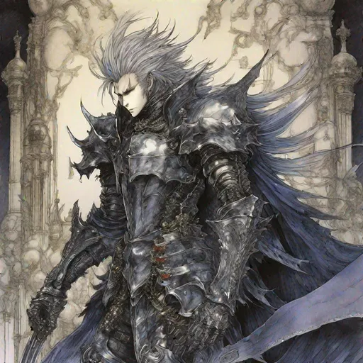 Prompt: Cecil Harvey dark knight from final fantasy 4 in The style of Yoshitaka Amano