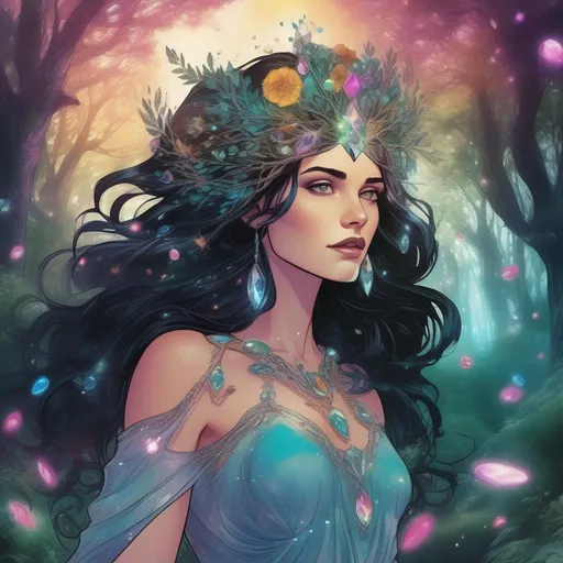 Prompt: A colourful, beautiful brunette, Persephone, in a beautiful flowing dress made of glittering gemstones, wearing a gemstone headdress, with hair made of the cosmos, in a forest of magical trees. In a marvel comics style.