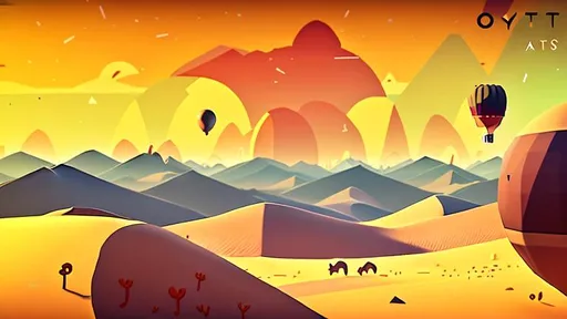 Prompt: Alto’s Odyssey, desert, Alto’s Adventure, minimalist animated style, beautiful landscapes, atmospheric effects, 2D side-scrolling perspective, procedurally-generated desert landscapes, weather effects, simplicity, elegance, focused gameplay, immersive, serene environment, hot-air-balloons, desert sunset, barely-visible stars in sky,