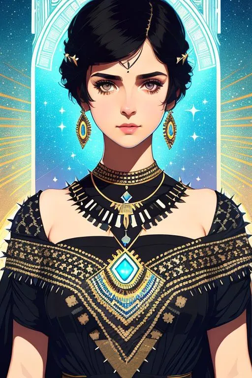 Prompt: Upper body portrait of Cute girl Naomi Scott, short spiky dark hair, pale skin, bleue eyes, black squares under eyes, tribal war dress, intricate, detailed face. by Ilya Kuvshinov and Alphonse Mucha. Dreamy, sparkles