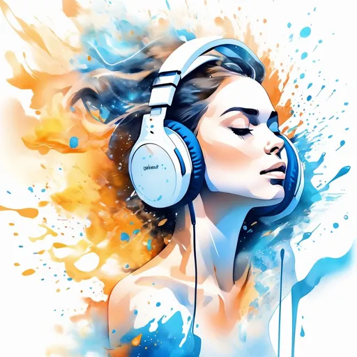 Prompt: Create a picture of a beautiful woman, close up of her face, soft feminine features, she is wearing headphones, you can see music exploding around her in the form of water colors, covering the page in different shades of orange and blue