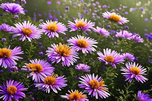 Prompt: close up of beautiful asters on a meadow, in the style of Anne Stokes