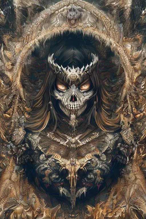 Prompt: skeleton king, scary pose, epic Instagram, artstation, hand drawn illustration, contour, hyperdetailed intricately detailed, fantastical, intricate detail, splash screen, complementary colors, fantasy concept art, 8k resolution, deviantart masterpiece, oil painting, heavy strokes, paint dripping, splash arts
