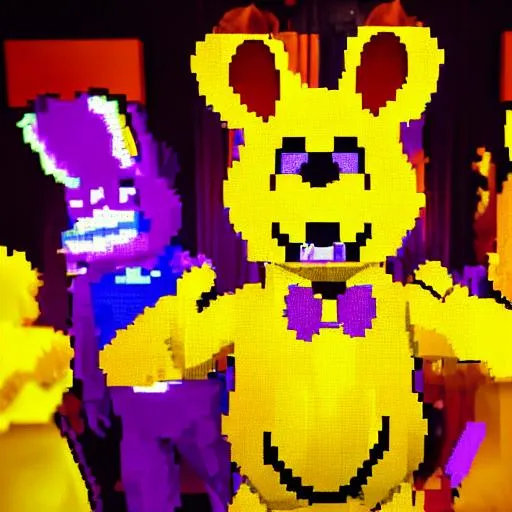 Prompt: yellow rabbit costume with a purple bowtie pixelated fnaf
inside is a purple man bleeding red blood everywhere in a dark mossy room