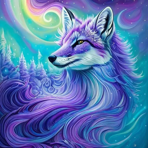 Prompt: masterpiece:1.5, detailed oil painting, insanely detailed, Best Quality:1.5) insanely beautiful wise vixen fox, ageless, ice elemental, lavender pelt, (veiled in auroras), psychedelic colors, (calm hypnotic eyes gleaming amethyst-violet), calm regal smile, stands majestically on a celestial mountain, gorgeous frosted silver mane, insanely detailed fur, insanely detailed eyes, insanely detailed face, slender, (magic violet highlights in fur), crackling lightning, ice storm, (lightning halo), tilted halo, lightning charged atmosphere, enchanting moonlight beaming through clouds, 64K