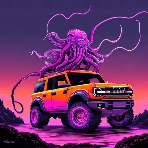 A kraken with a crown driving A neon purple 2022 for OpenArt