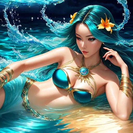 Prompt: Tropical Epic Beautiful Aquatic (Beautiful melancholy {goddess}female liquid satin}), hyper realistic, expansive oceanic background, hyper realistic, 8K --s99500