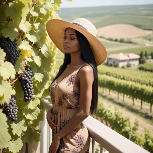 Prompt: african woman, brown skin, long straight black hair, long sundress with flowers print, wearing tan sun hat, 
 woman is on a hotel balcony, a grape vineyard is in the background, side view