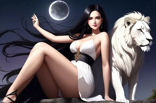 Prompt: portrait of a gorgeous  Evil and  grim-looking  woman  ,black hair ,  lustful  eyes, wearing  long white slip  ,  sitting on a high hill with a Beautiful  White lion , at night . The wind is blowing her hair and clothes, creating a sense of movement and drama, Pretty girl, perfect anatomy, centered, highly detailed, character sheet, artstation, concept art, smooth, sharp focus, illustration,intricate, elegant, 8K,  unreal engine 