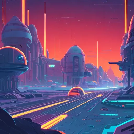 Prompt: a spaceport environment, background art, pristine concept art, small, medium, and large design elements, late night, in the style of Ralph McQuarrie, flat 2d illustration lots of neon oranges and pinks