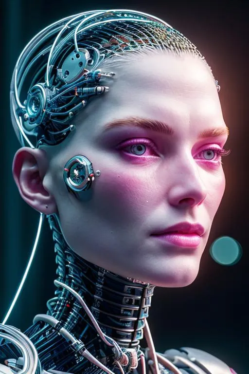 Prompt: complex 3d render ultra detailed of a beautiful porcelain profile woman android face, cyborg, robotic parts, 150 mm, beautiful studio soft light, rim light, vibrant details, luxurious cyberpunk, lace, hyperrealistic, anatomical, facial muscles, cable electric wires, microchip, elegant, beautiful background, octane render, H. R. Giger style, 8k, best quality, masterpiece, illustration, an extremely delicate and beautiful, extremely detailed ,CG ,unity ,wallpaper, (realistic, photo-realistic:1.37),Amazing, finely detail, masterpiece,best quality,official art, extremely detailed CG unity 8k wallpaper, absurdres, incredibly absurdres, <lora:japaneseDollLikeness_v10:0.1>, <lora:koreanDollLikeness_v10:0.5>, robot, silver halmet, full body, sitting