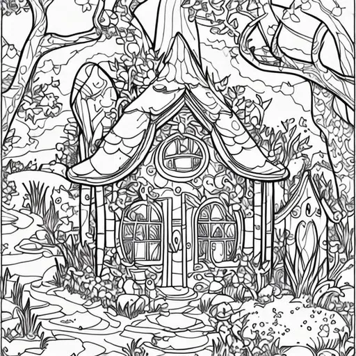 Prompt: Coloring Page, Fantasy Fairy Homes, cats, river,trees, animals, butterfly,white background, black lines