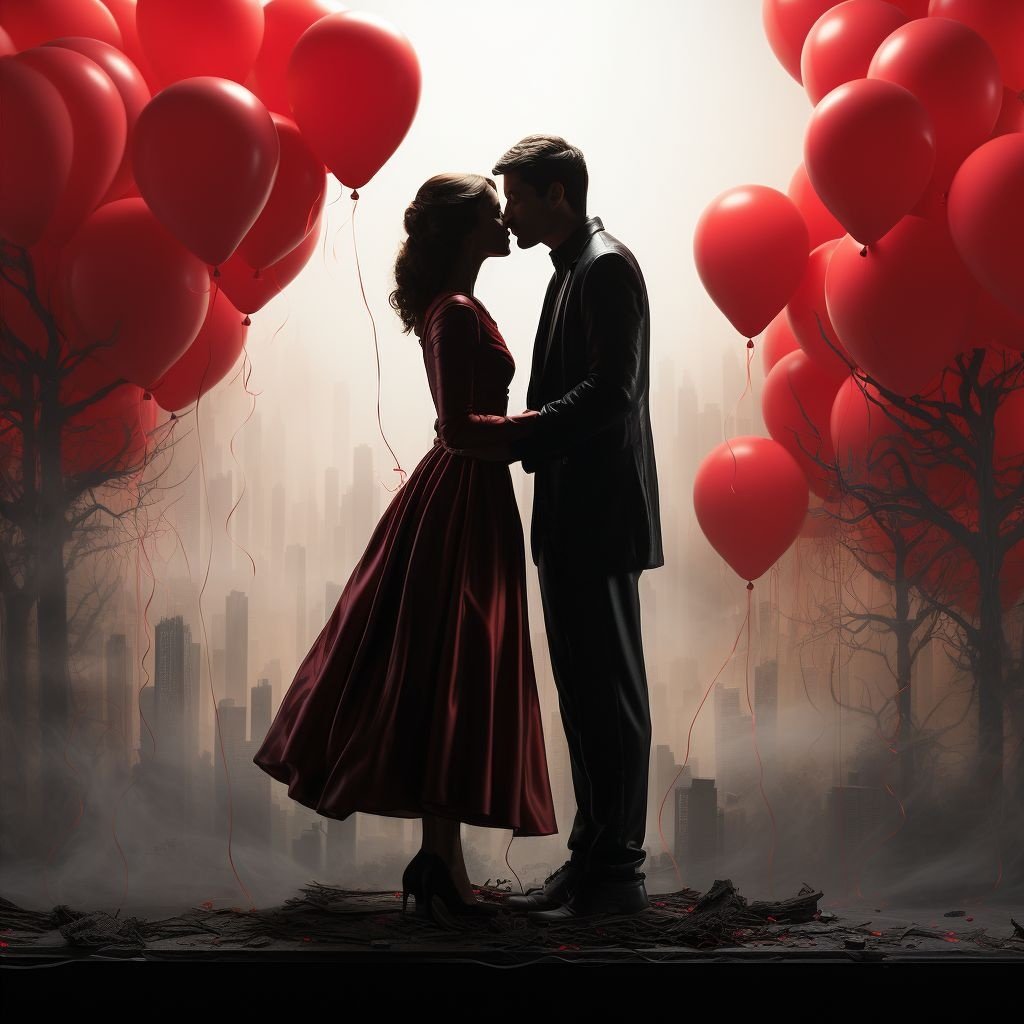 Prompt: a man and a woman kissing with balloons in the background, in the style of raphael lacoste, eiko ojala, 32k uhd, charles addams, speedpainting, humor meets heart, light red and dark black