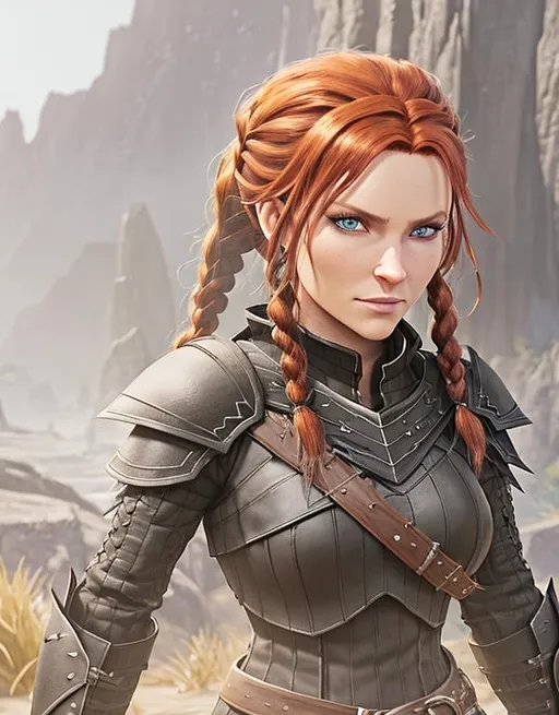 Prompt: Digital art, black rogue gear, black adventurer armor, Medium build, slightly broad-shouldered, (((DreamShaper Version 1))), Berk of How to Train Your Dragon, viking woman, small smile, red hair, cornrow braids, blue eyes, ((black gear, black armor,)) unreal engine, 8k octane, 3d lighting, full body, full armor