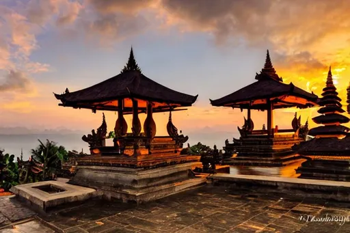 Prompt: balinese temple environment, sunset