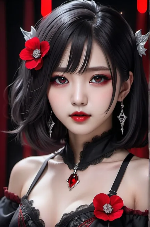 Prompt: Face close-up of a Vampire korean kpop girl idol with red glowing iris, red lips, black dont on cheeks, shoulder-length dark black hair, i can't believe how beautiful this is cosplaygirl, in the style of light silver and dark black, cottagecore, feminine body, kawacy,  silver and black, cg anime style