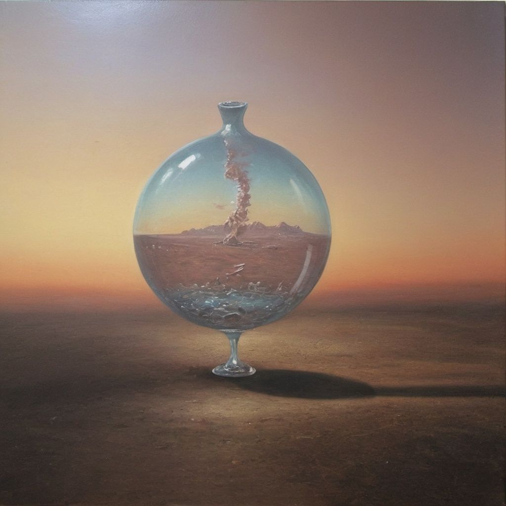 Prompt: a painting of a vase with a sky background and a sunset in the background with a small cloud in the sky, extremely detailed oil painting, an airbrush painting