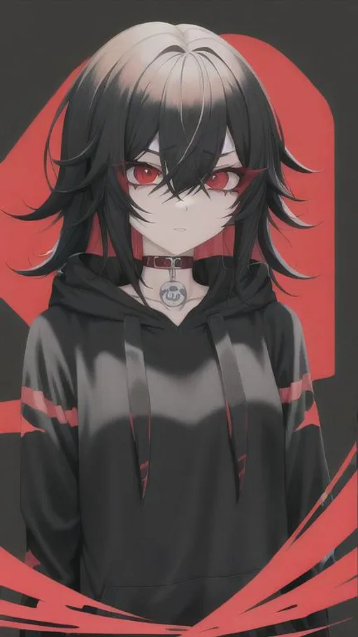 Prompt: digital style painting, emo anime girl, black long messy hair, sharp red eyes, black eyeshadow, colored background, hoodie,