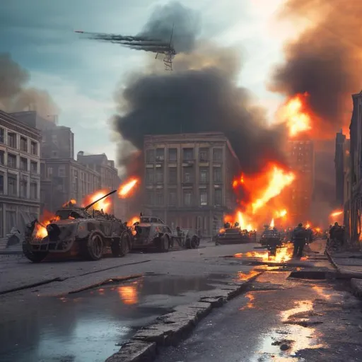Prompt: Late tall 1900s buildings on fire millitary tanks firing war 1940s metal wrecked cars broken cracked road high resolution 4k daytime nice weather light blue sky 