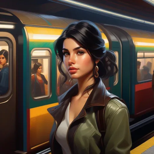 Prompt: Third person, gameplay, young woman, pale olive skin, black hair, dark brown eyes, subway station, cartoony style, extremely detailed painting by Greg Rutkowski and by Henry Justice Ford and by Steve Henderson 